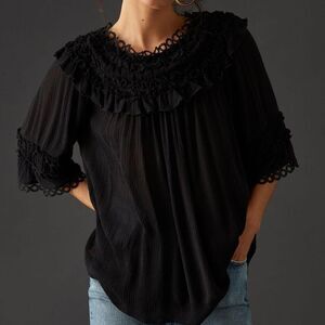 Anthropologie Ruffled Blouse Lace Crochet Black Half Sleeve Flowy Small